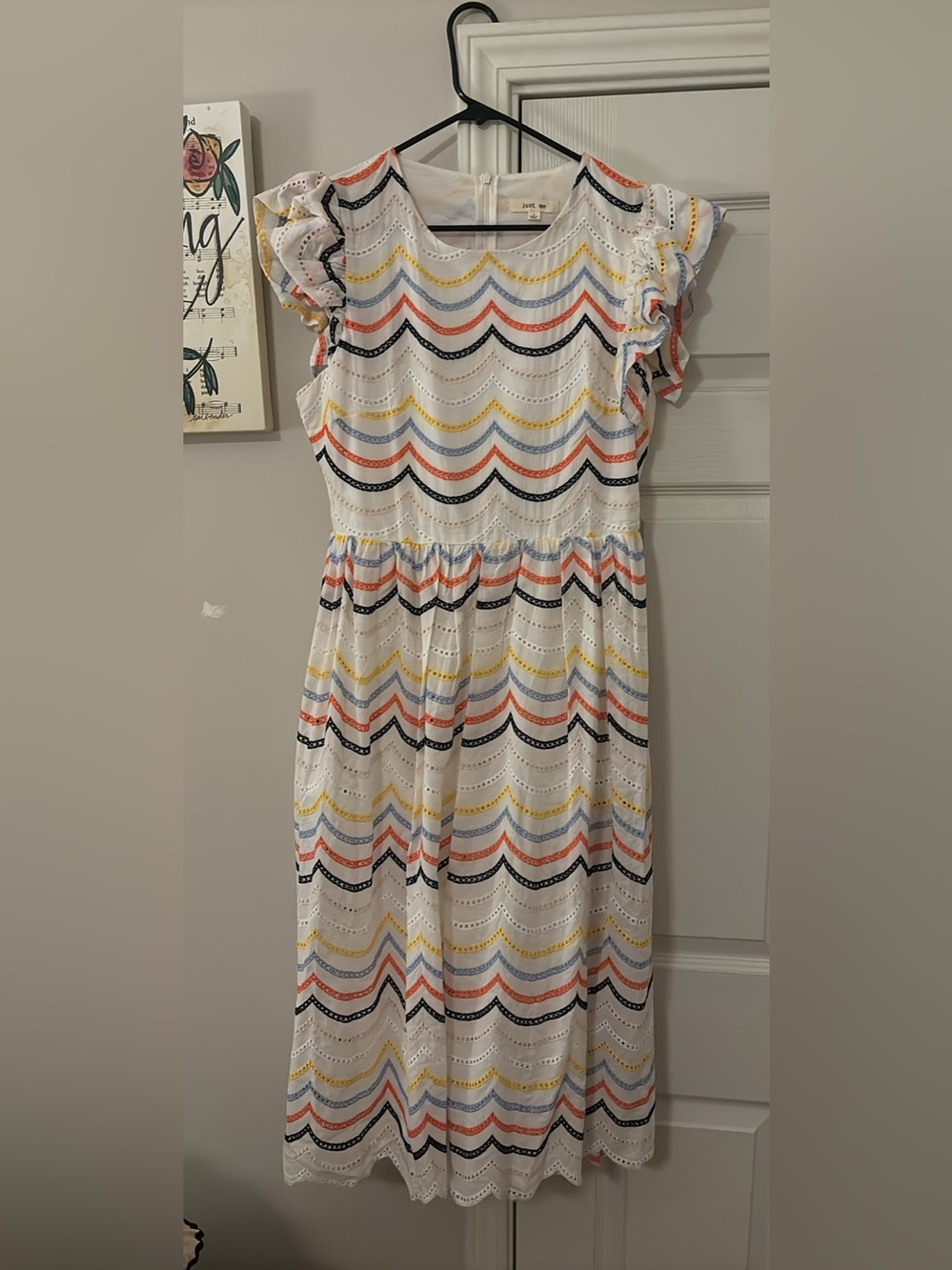 Just Me White Eyelet Midi Dress with Navy, Coral & Yellow Chevron
